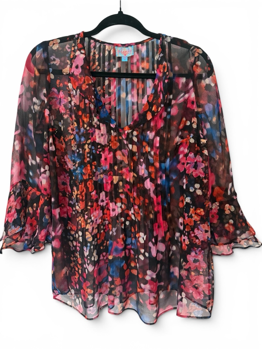 Plenty by Tracy Reese 100% Silk Chiffon Pleated Floral Blouse Top Ruffle Cuff M